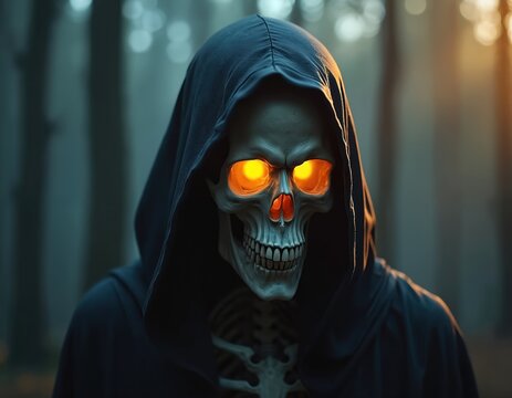 Scary skeleton with glowing eyes wears a dark hood. Grim reaper figure stands in a misty forest. Mysterious and creepy apparition looms in the dark.