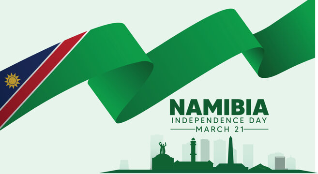 Namibia Independence Day creative poster with flowing flag ribbon and city skyline vector poster