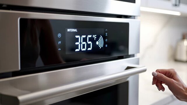 touchless invention concept. Hand adjusting a modern oven's digital temperature control set to 365&deg;F.
