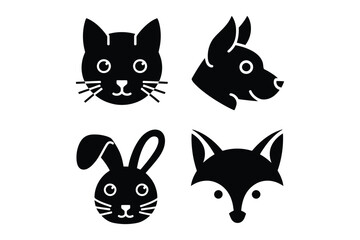Obraz premium Cute Animal Silhouettes: Cat, Dog, Bunny, Fox Faces Vector Icons