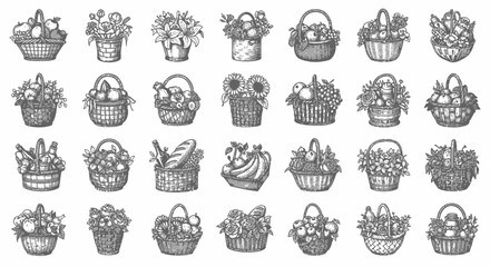 A collection of twenty five different black and white illustrations of baskets filled with various flowers and foliage.