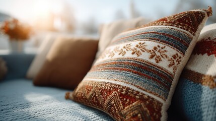 Fototapeta premium Colorful traditional wool rugs and pillows showcase local craftsmanship on a table in an old market