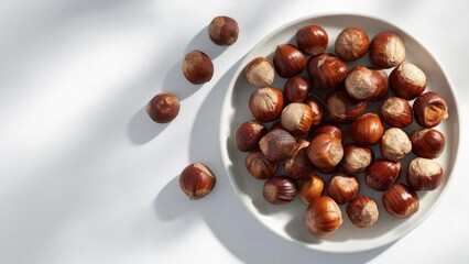 Obraz premium Hazelnuts in a white bowl, with a few scattered on a white surface. Concept Minimalist food photography, White-on-white still life, Hazelnuts on white bowl, Subtle textures, Soft lighting