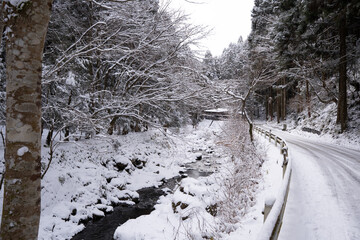 雪の日の幻想的な川