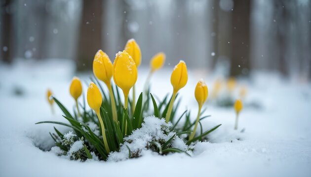 Yellow aconite flowers push through snow. Winter blooms emerge from cold ground. Early spring bulbs grow in frozen landscape, promising warmer weather ahead.