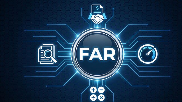 FAR Federal Acquisition Regulation Concept with Government Contract Compliance and Financial Audit Icons abstract technology background