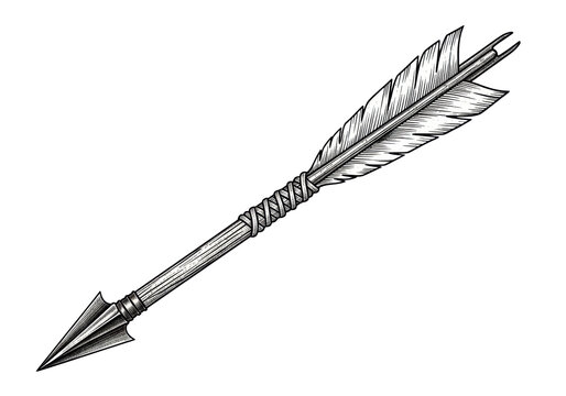 single, detailed vintage traditional crossbow bolt b&w technical illustration, aged wood, iron broadhead, and feathered fletching, isolated on a white background with copy space. concept of