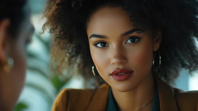 Female with makeup looking at the camera, lipstick accentuated, direct eye contact, urban setting.