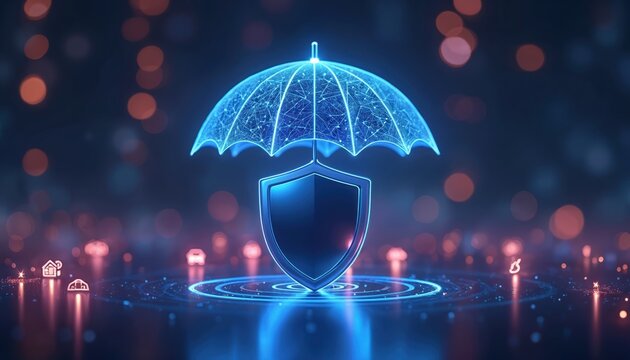 Digital shield and umbrella protect against cyber threats. Secure data and network connections with futuristic tech. Futuristic financial safety and risk management concept.