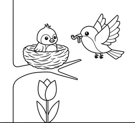 Bird feeding baby in nest on a tree branch with a flower