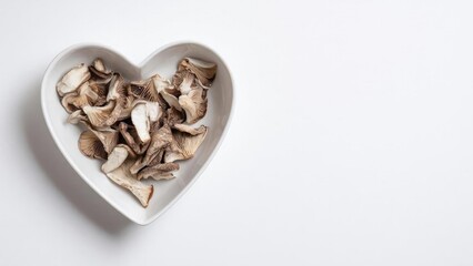 Dried mushroom slices in a white heart-shaped bowl. Concept Dried mushrooms, White heart-shaped bowl, Minimalist food styling, Rustic kitchen decor, Close-up culinary shot