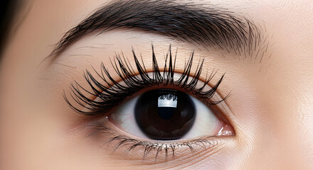 Obraz premium Macro portrait of a human eye featuring long dark eyelashes and perfectly groomed eyebrow.