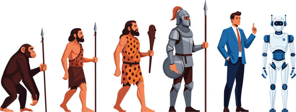 Vector illustration of human evolution from primitive ape to modern businessman and future artificial intelligence robot