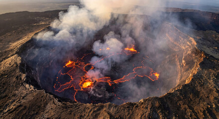 Aerial view of active volcanic crater with glowing molten lava and rising smoke