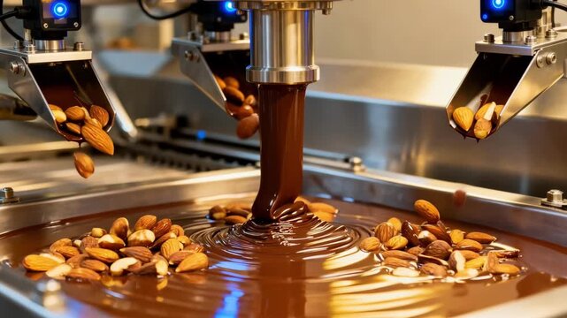 Medium shot of smart dispensers precisely dosing nuts into a smooth flowing chocolate stream using advanced sensors for consistent inclusion distribution.