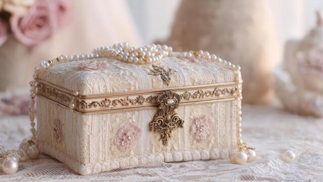 A vintage lace-covered jewelry box with an ornate gold clasp, pearls draped around it. Concept Vintage lace-covered jewelry box, ornate gold clasp, pearls draped around it