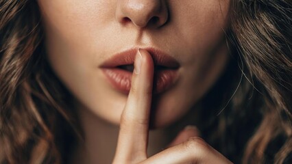 Fototapeta premium Close-up of a woman's lips with a finger pressed to them in a shushing gesture. Concept Shushing close-up, Lip detail, Finger on lips, Intimate portrait, Soft lighting