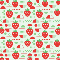 苺と幾何学モチーフのシームレスパターン（グリーン）：ナチュラルなグリーン背景に、フラットな苺と幾何学モチーフをリズミカルに配置した北欧テイストのシームレスパターン。男女問わず使いやすい落ち着いた配色で、デザインペーパー、ポストカード、マスキングテープ、マスキングシールブックタイプ、フレークシール、ノートの表紙など春夏の文具・雑貨に幅広く活用できる背景素材。