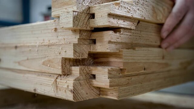 Closeup of notched wooden components being fabricated showcasing detailed cuts for interlocking mass timber parts used in modern architectural designs.