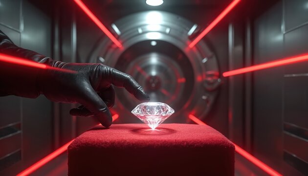 Thief hand in glove reaches for diamond guarded by red laser beams inside secure vault. Robbery attempt in progress, high risk heist for precious gem.