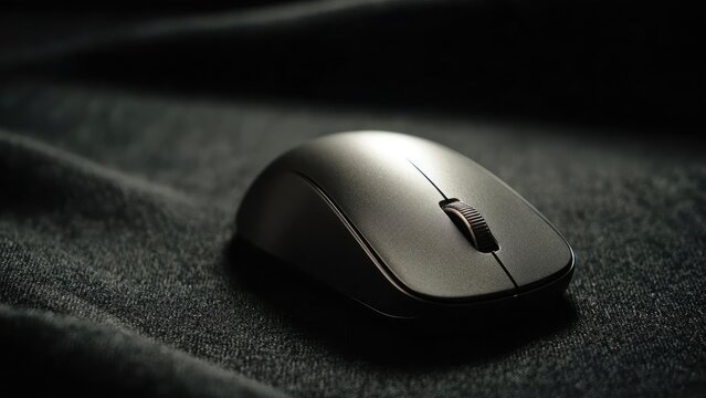 A sleek black wireless computer mouse on a dark, textured fabric surface. Concept Sleek black wireless computer mouse on dark textured fabric
