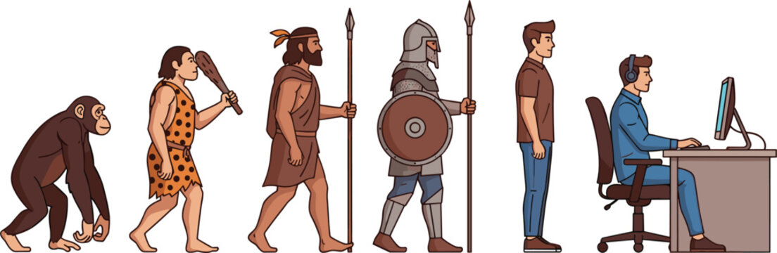 Vector illustration of human evolution from primitive ape to modern man sitting at a computer desk।