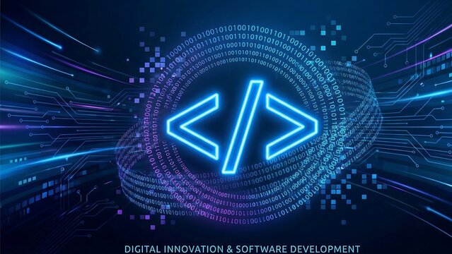 Abstract Neon Glowing Code Symbol with Binary Data Stream and Digital Software Development Innovation Background