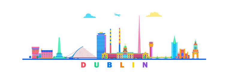 Naklejka premium Dublin city skyline colorful abstract design, travel and tourism vector illustration.