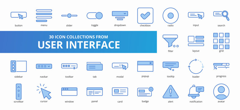 Set of 30 collection of user interface icons suitable for web and mobile application. Set of outline blue style icons with button, menu, slider, toggle, dropdown, and more icons.