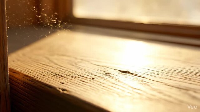 Calm macro wood texture with sunlight for minimal lifestyle and, wide composition with clean copy space,soft natural light and realistic lens behavior,gentle camera movement,calm minimalist mood for e