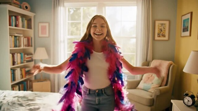 Cheerful young girl in a bedroom twirling and laughing wearing a colorful feather boa