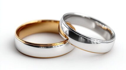 A pair of wedding rings in gold and silver sits together on a white background, showing smooth surfaces and shiny finishes