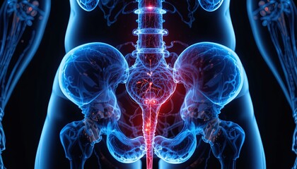 Human pelvis and spine with glowing red sciatic nerve