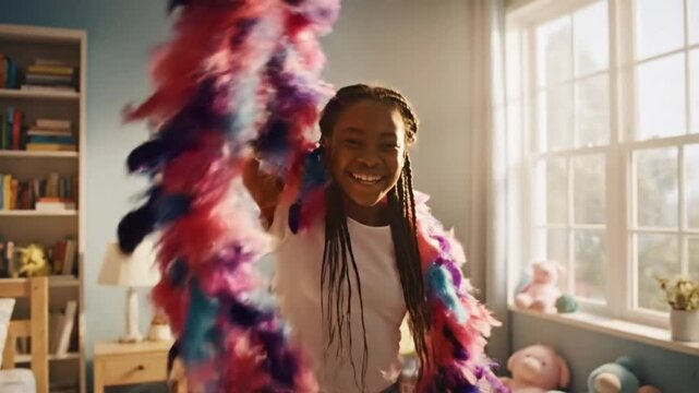 Joyful girl dances and plays in her bedroom wearing colorful feather boa and laughing with happiness
