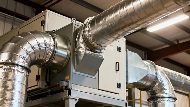 Medium shot of insulated waste heat recovery manifold showing robust ductwork capturing hot exhaust air from dryers to preheat incoming intake air efficiently.