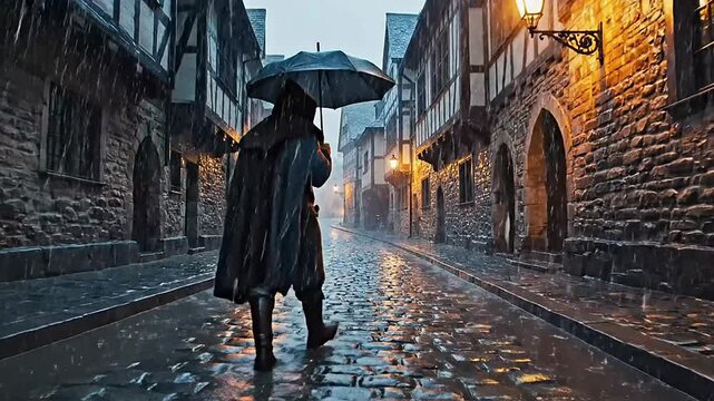 Person with umbrella walking down a rain soaked medieval street