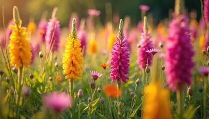 Obraz premium Field full of colorful flowers in vibrant yellow and pink hues. Green grass and buds surround blooming plants under soft sunlight. Nature scene offers peaceful springtime beauty.