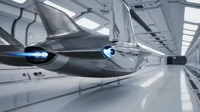 Futuristic plane speeding through a modern tunnel