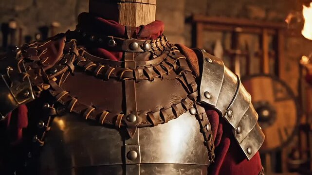 Shining medieval armor set in a forge with torchlight