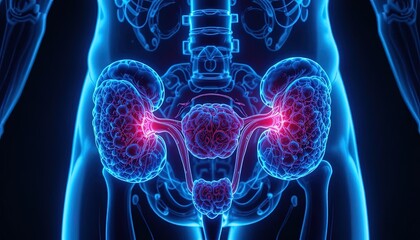 Glowing blue and red human kidney anatomy with highlighted inflammation