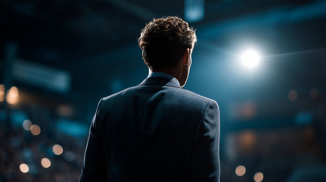 Back view of a speaker entering the stage, silhouette in the spotlight display, anticipation of a keynote shown, high-stakes presentation with dramatic shadows visible, high-end lu