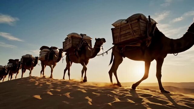 A majestic camel caravan led by a man traverses vast desert dunes at sunset, carrying goods on an ancient trade route. Evokes adventure, travel, and historical journeys.