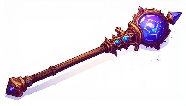 Cartoon Magic Staff Weapon Asset Created for Animation and Gaming on a Plain White Background for Easy Viewing