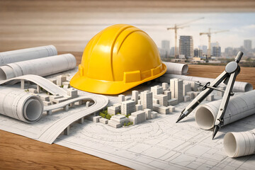 Urban Infrastructure Model Concept &ndash; Safety Helmet over Miniature City & Highway Blueprint Design