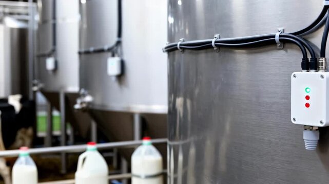 Medium shot of internal IoT sensors attached to milk silo walls tracking temperature and moisture for optimized storage conditions in dairy processing facilities.