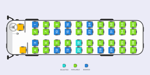Online Bus Seat Booking Concept, Coach Bus Seat Map Vector Illustration for Ticket Reservation UI Design © DG gallery