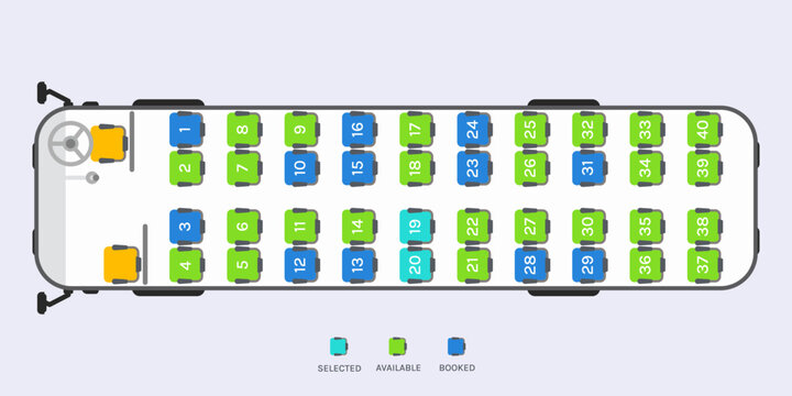 Online Bus Seat Booking Concept, Coach Bus Seat Map Vector Illustration for Ticket Reservation UI Design