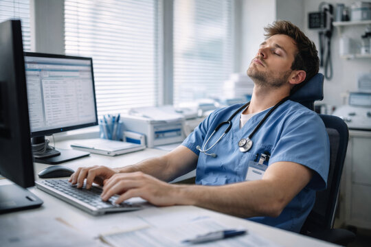 Tired male doctor resting at his desk in medical office