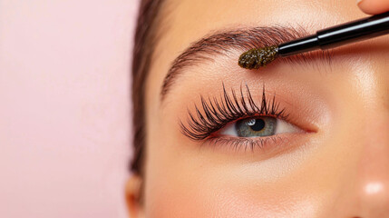 Woman applying castor oil to eyelashes and eyebrow in minimal studio setting for natural beauty care