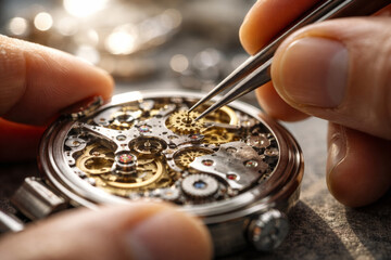 Close-up of watchmaker repairing vintage mechanical watch components
